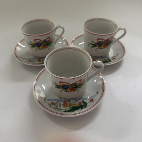 Vintage 3pc Set Salem China Christmas Eve Teacups and Saucers Holiday Dinnerware - Picture 1 of 10